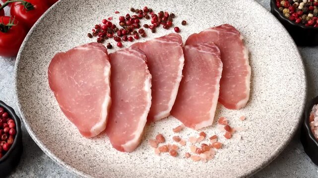 Smoked or dry cured meat slices, pork or ham with salt and spices. Smoked meat slices as a food background for your design