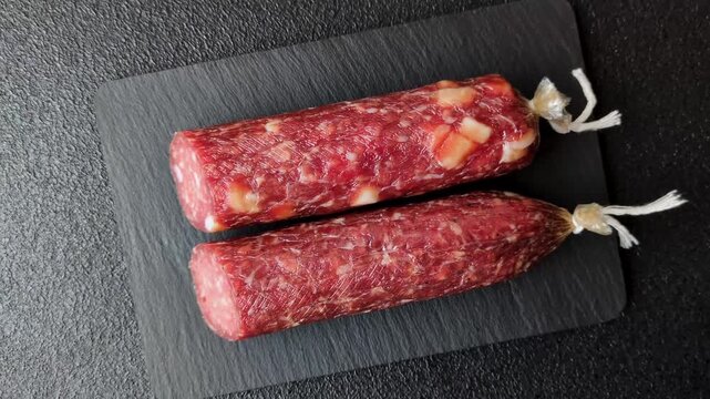Smoked or dry cured salami slices or ham with salt and spices. Smoked sausage slices as a food background for your design