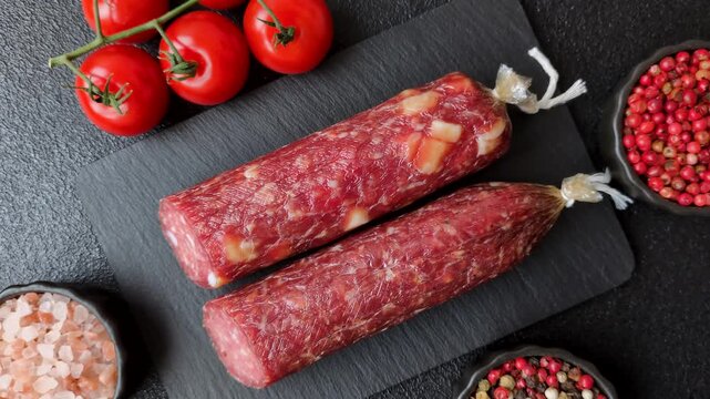 Smoked or dry cured salami slices or ham with salt and spices. Smoked sausage slices as a food background for your design