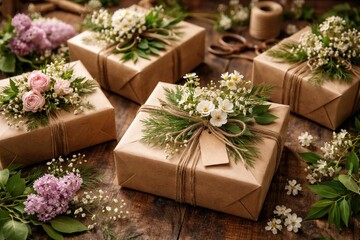 Obraz premium Decorated kraft gift boxes with lush greenery and blossoms for a joyful wrapping presentation