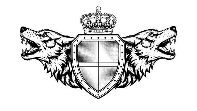 Majestic emblem design with two fierce wolf heads flanking a stylized shield, surmounted by a crown, symbolizing strength, leadership, and a powerful protective spirit