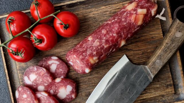Smoked or dry cured salami slices or ham with salt and spices. Smoked sausage slices as a food background for your design