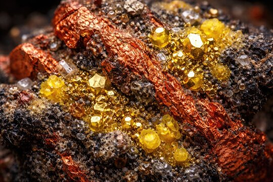 Close up of raw copper ore with bright sulfur pyrite crystals