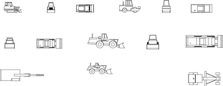 Technical CAD block set of heavy construction equipment including excavators, wheel loaders, and road rollers in orthogonal plan and elevation views.