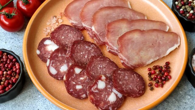 Smoked or dry cured salami slices or ham with salt and spices. Smoked sausage slices as a food background for your design