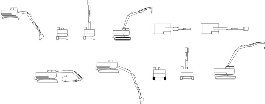 Technical CAD drawing set of excavators and heavy machinery showing side, top, and front views with various boom and bucket configurations.