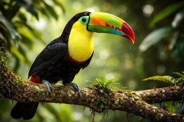 Fototapeta premium Tropical keel billed toucan with bright beak sitting on natural tree limb