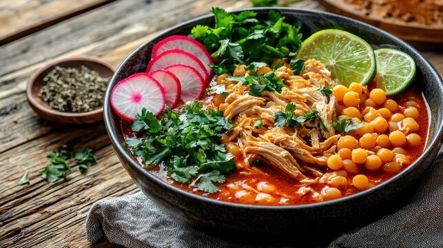 Premium chicken pozole soup with hominy corn and tender shredded chicken in rich red broth, garnished with fresh cilantro, radish slices, and lime wedges