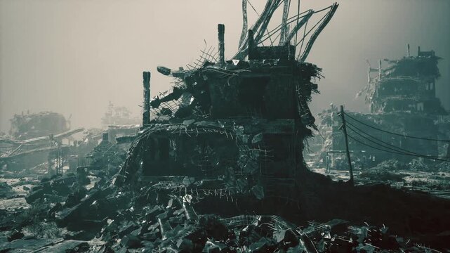 Vast postindustrial landscape with wreckage, battered concrete and scattered vehicles, low fog drifting through broken frames, survey drone creating mapping