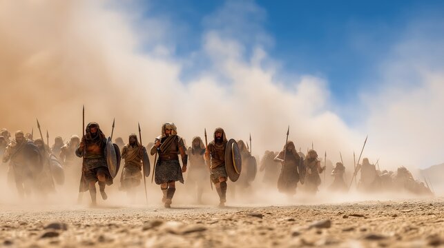 A wide battlefield scene in open desert terrain where Israelite warriors advance against Amorite forces under dust clouds and warm late afternoon sun.