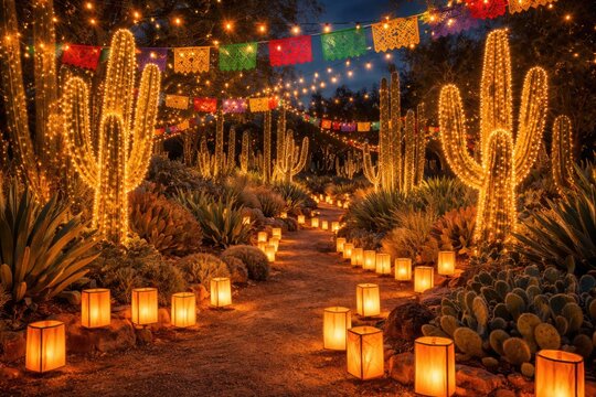 Mexican inspired luminarias and lights decorating cactus garden for holidays