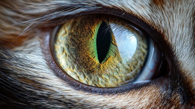 Pupil size variation macro feline eye photography constricted vertical pupil split lighting golden green amber iris complex patterns fur texture detail