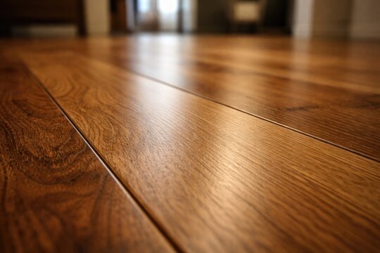 Macro shot of timber floor panels with smooth light and out of focus room background