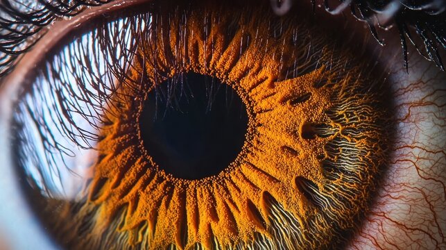 Iris ring patterns extreme macro closeup showing intricate radial striations and circular geometric structures in golden amber tones with sharp focus