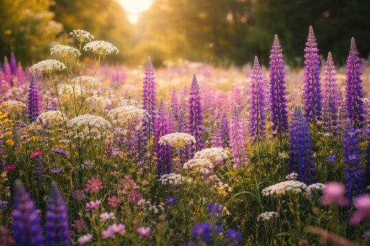 Colorful meadow blooming with purple lupin and delicate queen anne lace flowers