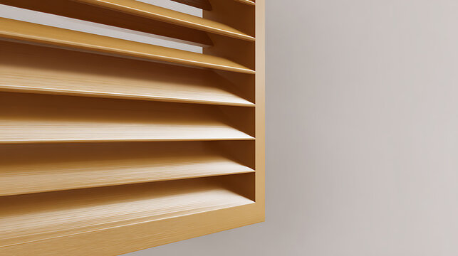 Minimalist wooden louver panels create an elegant and modern architectural detail against a light wall, soft light highlights natural texture and shadow