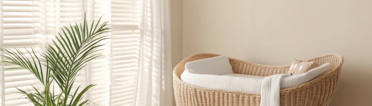 Sunlit Nursery Wicker Bassinet, White Bedding and Deer Toy by Palm Plant and Blinds. Cozy, Peaceful, Minimalist Baby Room Design. Nursery Decor, Boho