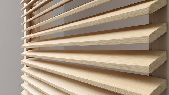 Close-up view of light natural wood blinds or shutters, creating a modern and clean aesthetic with parallel lines and textured details