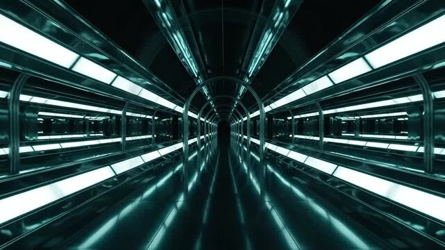 Futuristic tunnel with neon green lights.