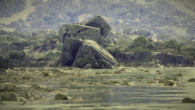Rocky tide pools with craggy boulders and shallow reflective water dotted with dark algae and slick stones under muted light scene conveys raw coastal geology