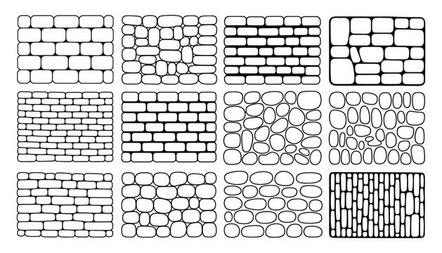 Brick Wall Doodle Vector Set, Hand Drawn Cobblestone Textures with Hatching, Vintage Wallpaper Patterns for Game Backgrounds, Rustic Construction and Landscaping Surfaces