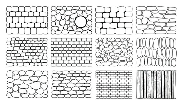 Brick Wall Doodle Vector Set, Hand Drawn Cobblestone Textures with Hatching, Vintage Wallpaper Patterns for Game Backgrounds, Rustic Construction and Landscaping Surfaces