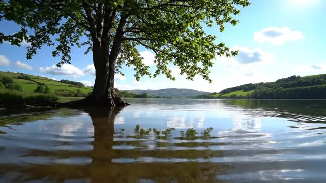 A serene lake scene with a tree partially submerged in water surrounded by green hills on a sunny day with clouds