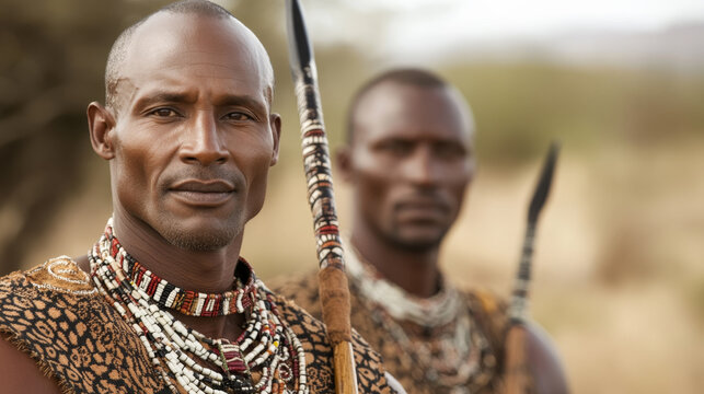 Two Maasai warriors with spears in traditional attire and beaded necklaces