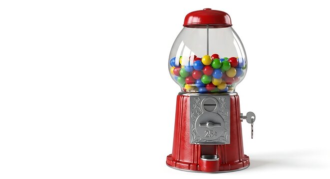A red gumball machine filled with colorful gumballs on a white background