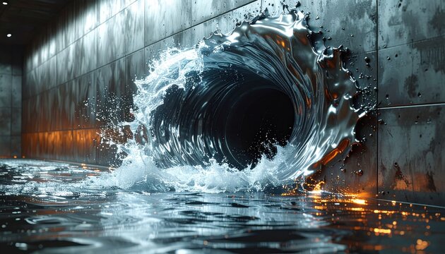 Powerful Water Vortex Forms Intensly Within a Dark Tunnel Splashing with Brilliant Light and Ripples