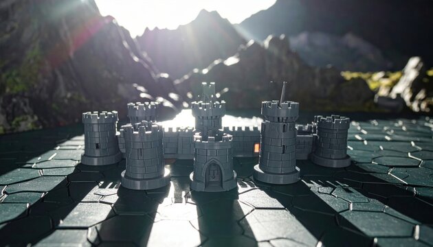 Detailed miniature plastic fortresses with battlements and towers bathed in dramatic sunlight