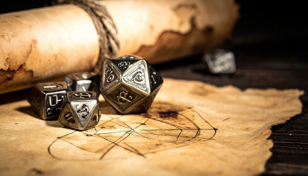 Ornate metal polyhedral dice set with sharp etched symbols, gleaming under focused light on aged parchment