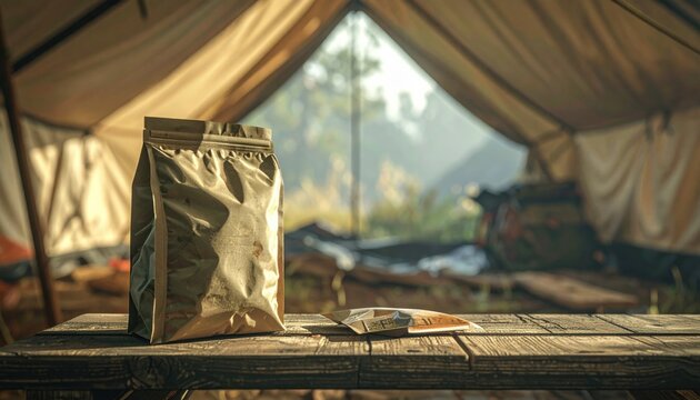 Opened field ration pack and water purifier on a wooden table inside a tent