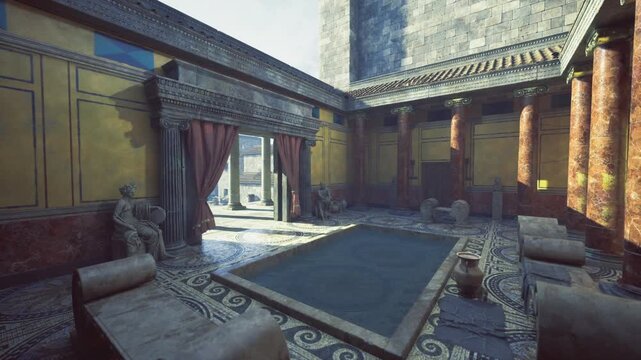 Sunlit Roman courtyard with mosaic floors and columns, low couches and draped curtains framing a calm atrium warm golden light highlights marble details,