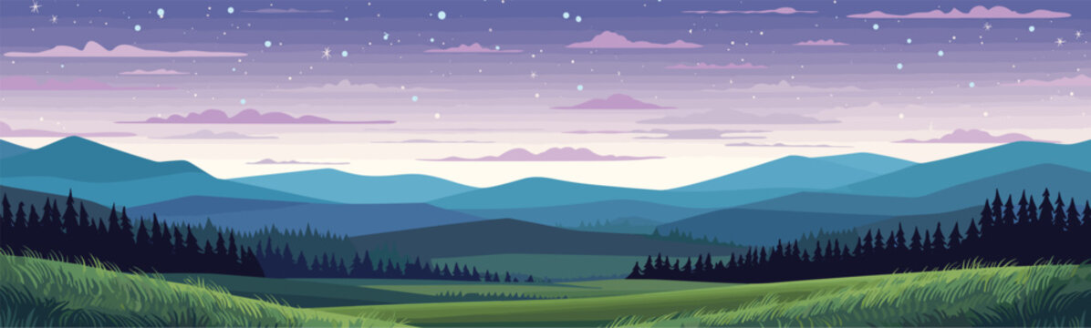 A starry night sky over a meadow isolated