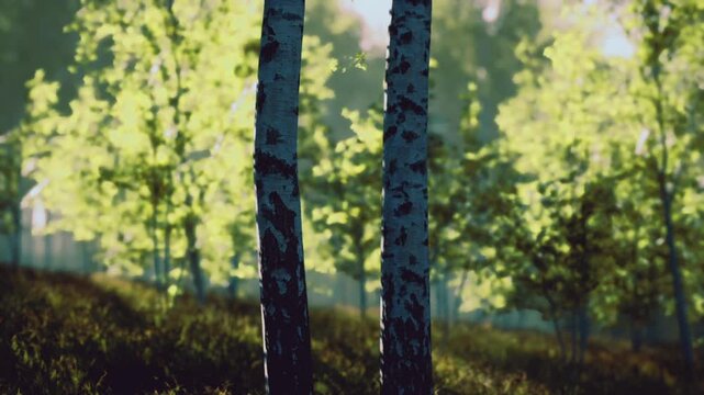 Closeup birch trunks with warm backlight and shallow depth of field, textured bark details against blurred green background, intimate natural portrait ideal
