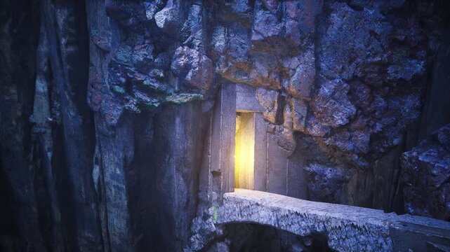 Hidden doorway carved into cliff with golden glow spilling onto narrow ledge, weathered stone step and mossy crevices suggesting refuge or secret sanctuary deep