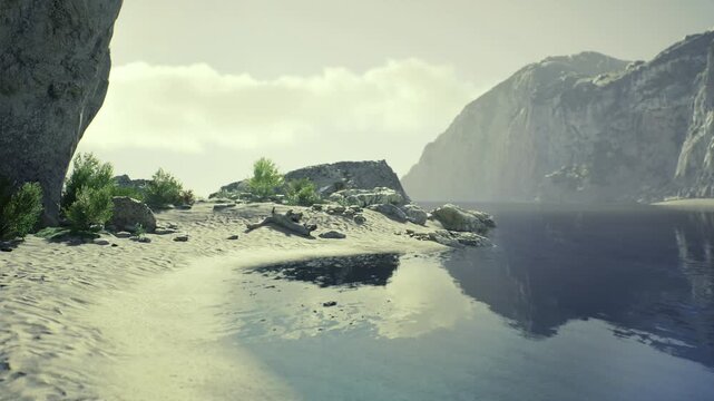 Misty fjord inlet with hushed atmosphere, meditator practicing breathwork beside reflective pool, soft haze blurring distant cliffs and soothing senses.