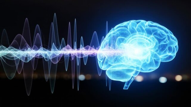 Glowing holographic model of human brain with flowing waves. Brain rhythms, sound waves motion, neurology research. Technology for science neuron cell network, neuroscience and artificial intelligence