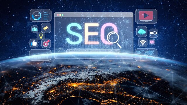 SEO concept for improving SEO visibility, with SEO related digital tools and SEO performance icons shown in an focused layout for strategic marketing. Muxer