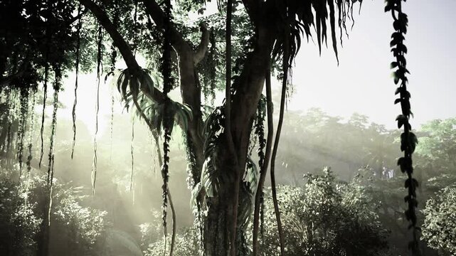 Misty backlit canopy with dangling vines, soft sunbeams piercing mossy trunks, dewy foliage and layered silhouettes creating tranquil atmospheric depth