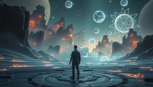 A lone silhouette of a person standing in a futuristic, glowing landscape filled with glowing orbs and technological elements