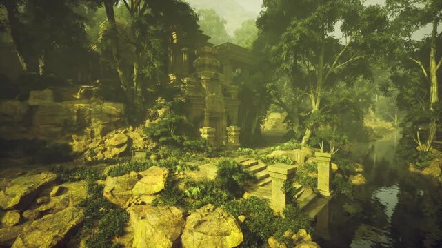 Elevated sanctuary plateau covered in vines and moss, weathered balustrades and broken steps, secluded serenity with dappled light and ancient presence.