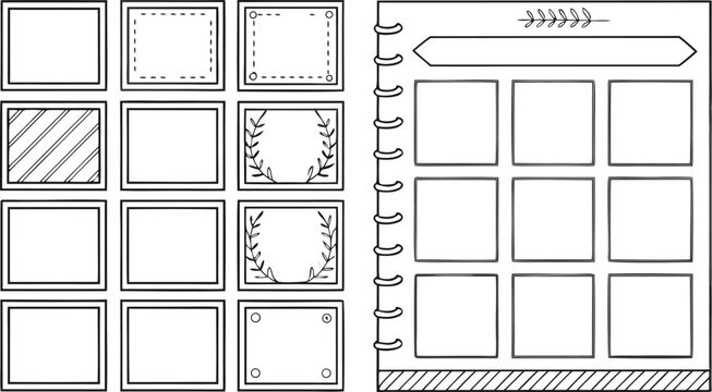 Set of hand-sketched border designs and a spiral notebook page with nine rectangular sections.