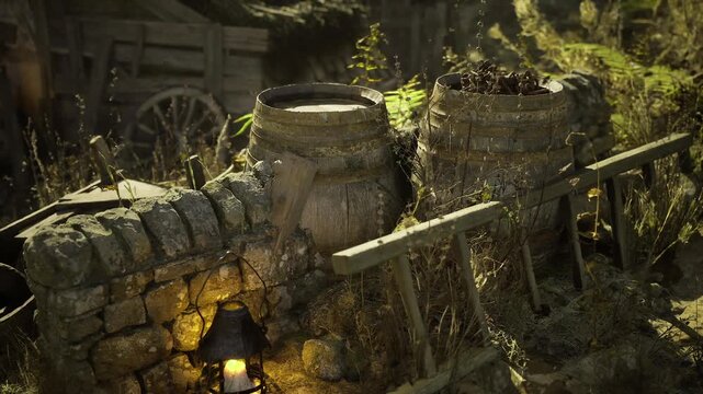 Lantern beside stone urn on mossy parapet, creeping ivy and soft glow framing small gateway, textured brick and evening hush, invitation to secret garden