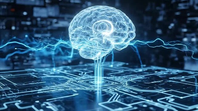 A glowing blue brain on a circuit board background with lightning bolts.
