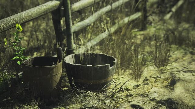 Two wooden buckets by garden fence, herbs and grass nearby, sunlit dust motes and textured wood suggesting gardener or forager on brief pause in Croatia.