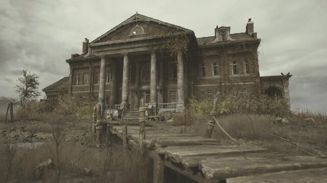 Stormbattered Dutch bank building with broken balustrade and leaning columns, muddy approach and tangled vegetation, heavy clouds and gritty textures conveying