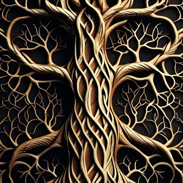 Intricate Wooden Root System Design Forming a Central Column
