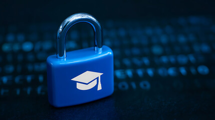 Fototapeta premium Blue padlock with graduation cap emblem over binary code background, symbolizing secure educational data and digital learning protection